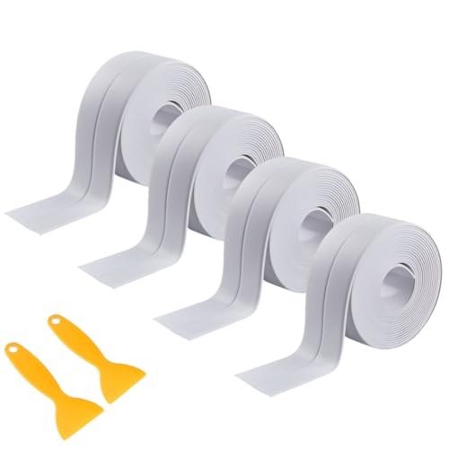 JLONEX 4 Rolls White Caulking Tape, Self-Adhesive Waterproof Sealant Tape for Kitchen, Bathroom, Bathtub, Toilet Base, Countertop Edge Protector, Wall Floor with Sealing Tools (126 x 1.5in)