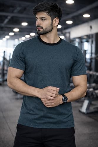 Image of Men's Solid Gym T-Shirt | Slim Fit Gym & Training Tee | Breathable Stretch Fabric | Round Neck Sports Wear for Workout