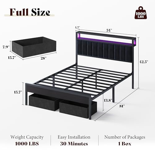 Image of AMERLIFE Full Bed Frame with LED Lights & 2-Tier Storage Headboard | Black, 2 Storage Drawers, Metal Platform Frame, Velvet Upholstery, Heavy-Duty Slats, No Box Spring, Easy Assembly