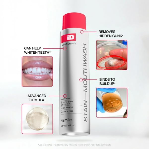 Hismile iD Stain Whitening Mouthwash, Gunk Removing Mouthwash for Fresh Breath, Hydrogen Peroxide Mouthwash to Promote Whiter Teeth, Peroxide Rinse with Essential Oils 237ml