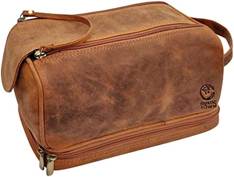 RUSTIC TOWN Genuine Leather Travel Toiletry Bag - Dopp Kit Organizer (Brown)