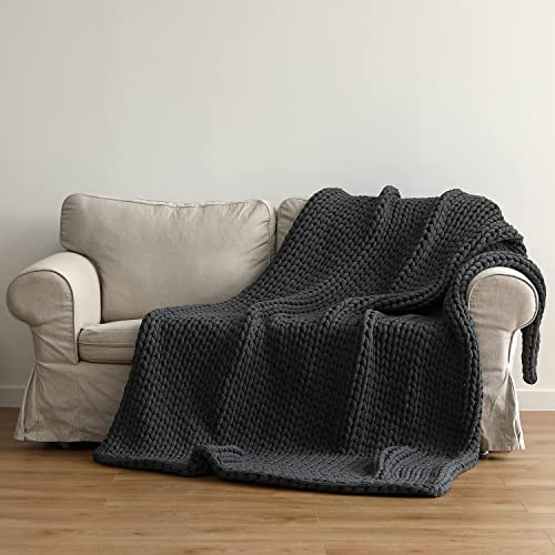 YnM 100% Cotton Weighted Blanket, Handmade Chunky Knitted Throw, No fillers Design, Soft and Breathable, Machine Washable Bed Blanket for Sleep or Home Decor (Dark Grey, 43x50 Inch, 10lbs)
