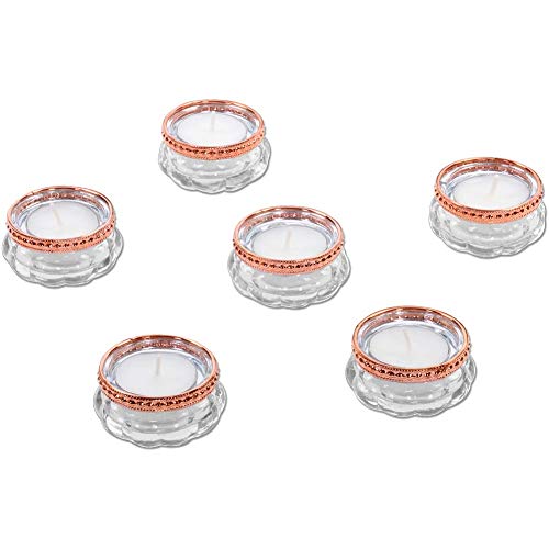 Koyal Wholesale Bloom Tea Light Holders, 6-Pack Petite Glass Tealight Cup, Clear With Copper Rim Vintage, Boho Wedding Tealight Cup #TOP4