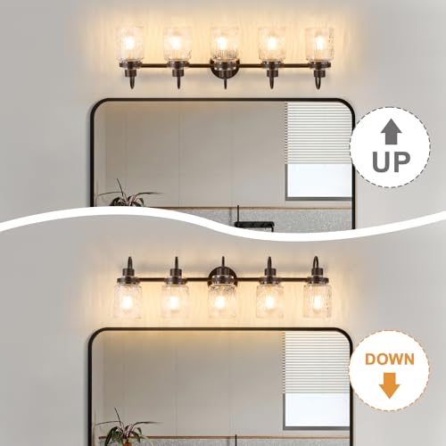 Image of 5 Lights Hammered Glass Bathroom Vanity Light, Oil Rubbed Bronze | Easy Installation,Up or Down,Farmhouse Modern Style,E26 Socket,ETL Certification