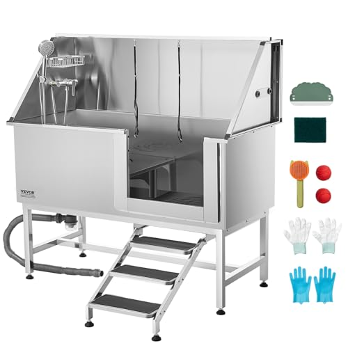 VEVOR Stainless Steel Dog Washing Station 157.48 cm Pet Grooming Tub w/Stairs PE Water Filter Board Faucet & Showerhead & Soap Holder Dog Bathtub for Large & Medium & Small Pets (Right Door)