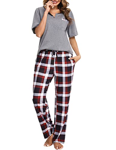 Bresdk Pijama Mujer Algodón Manga Corta Conjunto de Pijamas para Mujer Largo Pantalones a Cuadros Ropa de Dormir Ligero 2 Piezas Cover