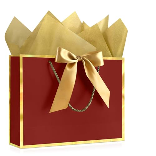 Image of JMANNI Gift Bags with Handles, 13 inch Medium Gift Bags with Tissue Paper | 1 Pcs Red Bag, 2 Tissue Paper and 1 Cards, for Baby Shower, Wedding Bridal Shower, Birthday Party