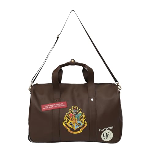 Harry Potter Rolling PU Duffle Bag - Officially Licensed Travel Luggage with Patches and Applique in Brown2