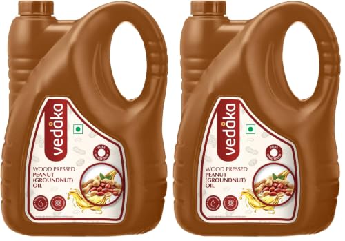 Image of Amazon Brand - Vedaka Wood Pressed Peanut Oil 5L | Cooking Oil | Groundnut Oil | Kolhu, Kacchi Ghani, Mara Chekku, Ganuga | Rich Aroma & Flavour Of Groundnuts (Pack of 2)