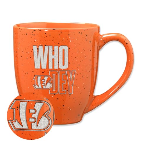 Rico Industries NFL Football Cincinnati Bengals Who Dey 16 oz Team Color Laser Engraved Speckled Ceramic Coffee Mug
