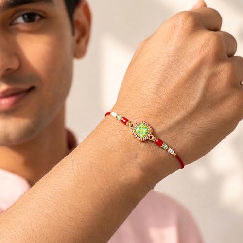 Image of Peora Rakhshabandhan Thread Rakhi for Brother Bhaiya | Crystals & Kundan Studded | Combo, Set of 3 | Rakhi Hamper with Roli Chawal & Greeting Card