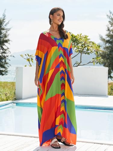 Image of IMAGEKOPE Women's Plus Size Loose Fit Moroccan Print V-Neck Batwing Kaftan Beach Dress Bathing Suit Cover Up