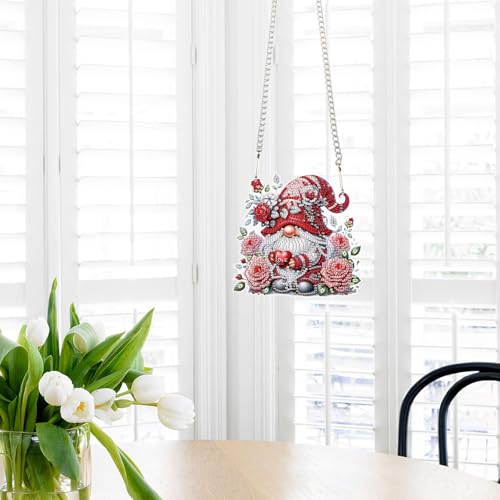 Image of Rose Gnome Diamond Painting Hanging Kit, DIY 5D Acrylic Diamond Art Pendant with Special Shaped Rhinestones, Valentine's Day Craft Ornament for Wall, Window, or Home Decor, Handmade Gift for Adults