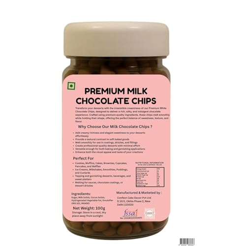 Image of Confect Milk Chocolate Chips | Smooth & Creamy Cocoa Flavor | Baking, Desserts, Cookies, Cakes & Snacks | Melty Chocolate Chunks | Vegan & Gluten Free- 100Gms
