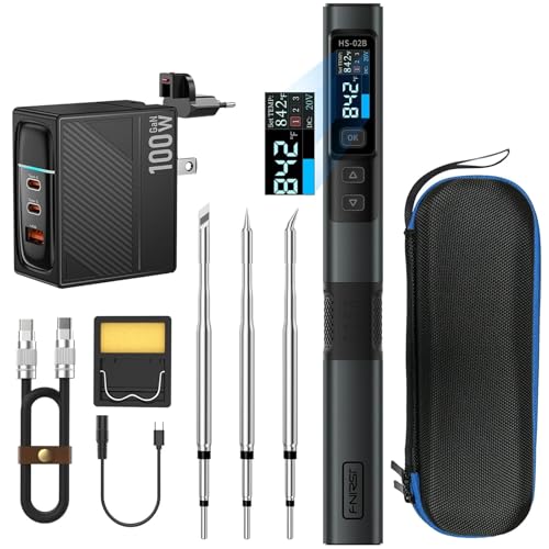 FNRSI Soldering Iron Kit 100W with 3 Soldering Tips, Upgraded HS-02B Smart Digital Soldering Iron Pen Tool, 2S Fast Heating, 212-842℉, Pre-set 3 Groups Temperature for Electronics Precision 