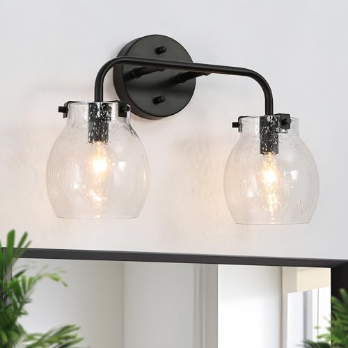 Image of KSANA Black Bathroom Light Fixtures, 2 Light Matte Black Vanity Lights for Bathroom with Seeded Glass Globe, 14 inch Modern Farmhouse Bathroom Lights Over Mirror