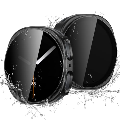 Easuny 2 Pack Waterproof Privacy Case with Tempered Glass Screen Protector for Samsung Galaxy Watch 8 44mm, Overall Protection Anti-Slip Scratch-Resistant Cover for Galaxy Watch8, Black