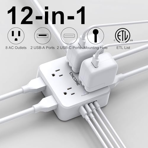 Image of 10Ft Surge Protector Power Strip - CHCORE Flat Plug Extension Cord with 8 Outlets and 4 USB Ports(2 USB C), 3 Side Wall Mount Outlet Extender for Home Dorm Room Essentials, ETL Listed, White