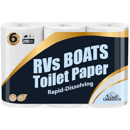 Caravista RV Camping Toilet Paper - 6 Rolls Rapid-Dissolve Marine & Trailer Septic Safe Tissue - Biodegradable 3-Ply 290 Sheets Bath Tissue for Marine, Travel, and Camper Systems