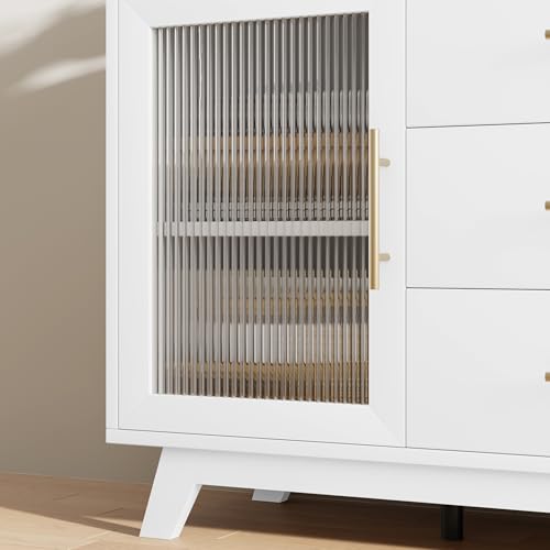 Image of Buffet Cabinet with Storage, 56 inch Sideboard Cabinet with Adjustable Shelves & Fluted Glass Doors - Contemporary Coffee Bar Cabinet for Kitchen & Dining Room,Woodgrain