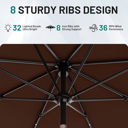 Image of AreShark 9FT Patio Umbrella with Solar Lights, 32 Lighted Pool Umbrella w /Tilt and Crank, Outdoor Market Solar Umbrellas for Garden, Deck, Backyard, Pool and Beach, Brown