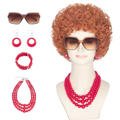 Yan Dream Women Short Curly Red Brown Wig and Glasses Set