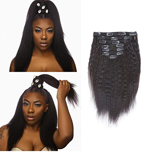 Lacerhair Yaki Kinkly Straight Coarse Clip in Hair Extensions Kinky Straight Human Hair Extensions Full Head Brazilian Virgin Hair for Black Women 7 Pieces 120g 10-22 inch(18 inch, Kinky Coarse #1B)