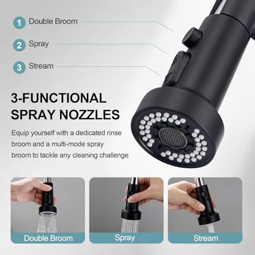 Image of Kitchen Faucets with Pull Down Sprayer and Soap Dispenser, Matte Black Stainless Steel Single Pull Out Spring Sink Faucet, 3 Function Sprayer 1 or 3 Hole Deck Plate for Farmhouse Rv Bar