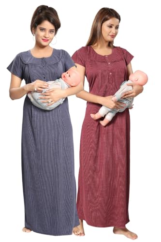 Image of Fabme Women's Polycotton Nursing Nightgown - Concealed Zip, Long, Textured Nighty for Maternity, Feeding