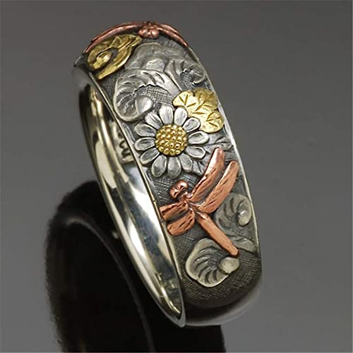 LRGKMCWTOB Vintage Boho Sunflower Rings Engagement Party Ring Jewelry Silver and Rose Gold Color Carved Dragonfly Ring Unique Metal Enamel Flower Rings Women Engagement Party Ring Jewelry(Size 6)2