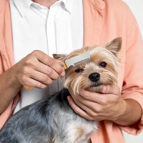 AJKQNMA Trimmmesser für Hunde mit Holzgriff Trimmkamm Feiner & Grober Kamm Trimm Messer Hundekamm aus gehärtetem und geschliffenem Edelstahl Haustierpflege Werkzeug für Haustier Pet Unterwolle