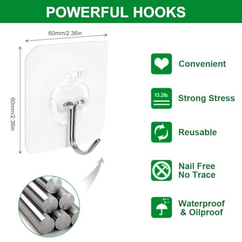 Image of Shivstor 10 Pack Apple Shape Wall Hooks Self Adhesive Heavy Duty Transparent Hooks Waterproof Nail Free No Drilling Wall Hangers for Kitchen Bathroom Home Storage Strong Sticky Hooks
