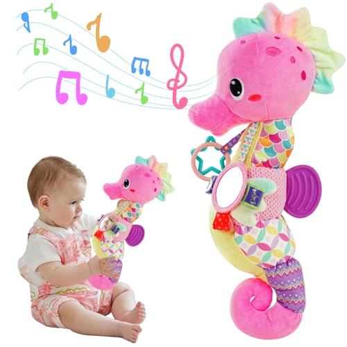 Baby Toys 0-3 0-6 Months, 6 in 1 Newborn Baby Sensory Toys 6-12 Month Musical Plush Toys Tummy Time with Mirror Rattles Teether Crinkle Toys 0+ Month Old Baby Birthday Gifts for 1 Year Old Girls Boys