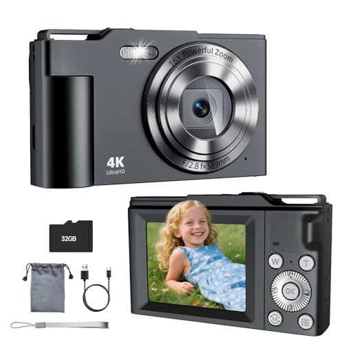Image of Digital Camera, FHD 4K Digital Point and Shoot Camera with 16X Zoom Anti Shake, 48MP Compact Small Camera with 32GB Card for Boys Girls Kids