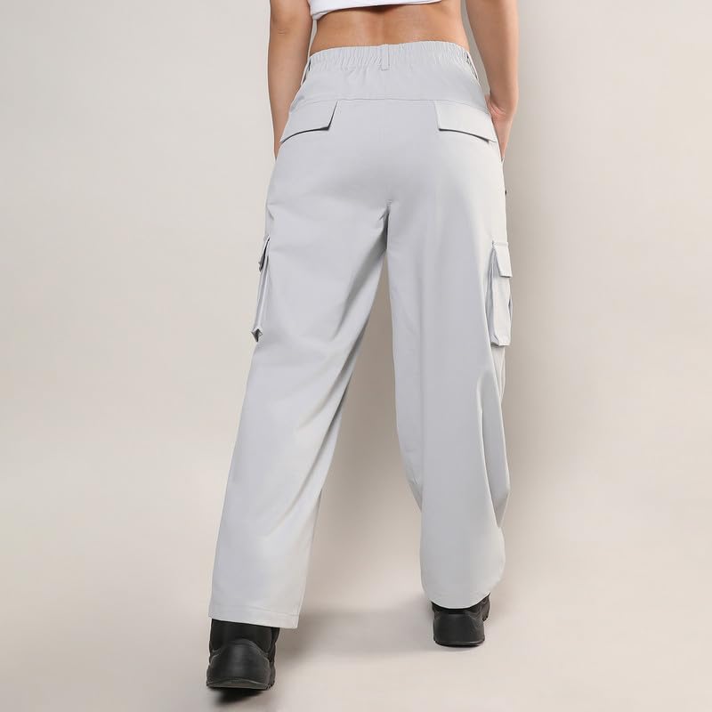 Image of PINACOLADA Women's Moon Grey Straight Fit Cargo Trousers for Casual Wear | 6 Pockets | Regular Fit | Button Closure | Cargo Pants Crafted with Comfort Fit for Everyday Wear