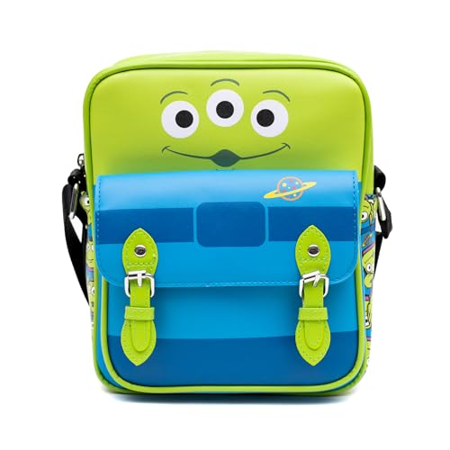 Disney Vegan Leather Crossbody Bag with Front Pocket, Toy Story Alien Bodice and Stacked Aliens Green Blue, 7.5