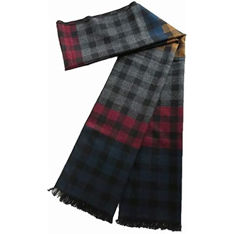 Men's 100% Brushed Silk Scarf Winter Warm Soft Neckerchief Double-Faced Available 12"x71" (Plaid - Grey Red Blue) Cover