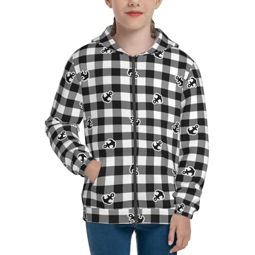 Anchor Black Tartan Plaid Kids Pullover Hoodies Boys Zip Up Sweatshirts Girls Athletic Clothes with Pocket3