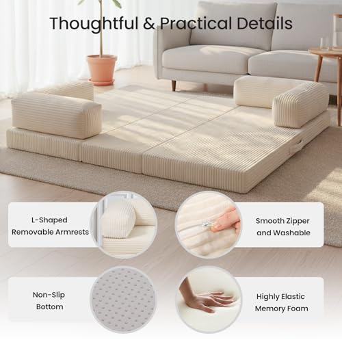 Image of Tri-Fold Foldable Mattress, Convertible Folding Sofa Bed with Removable Arms & Washable Cover, All-in-One Portable Mattress Floor Sofa Bed, No Assembly Required & Non-Slip, Full Size, Beige