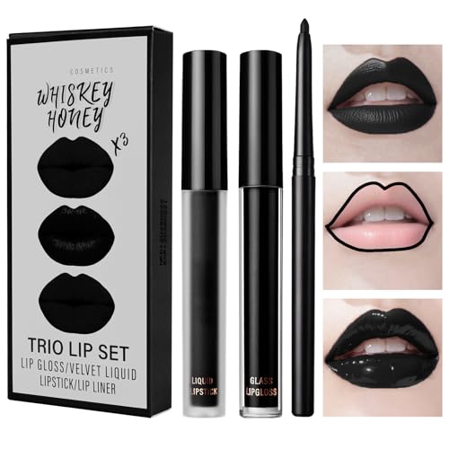 LOPHE Schwarz Matte Lippenstift, 3 in 1 Lippenstift Matt mit Lip Gloss LipLiner, Liquid Lipstick Wasserfest Make Up Set, Matt Finish, Langanhaltender