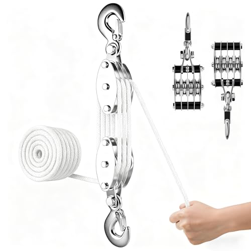 Carrucola per Sollevamento, 8:1 Paranco a fune con cuscinetto in metallo da 2000 kg con fune in nylon da 20 m e gancio, sistema di paranco e blocco puleggia per caccia, garage, magazzini, Bianco