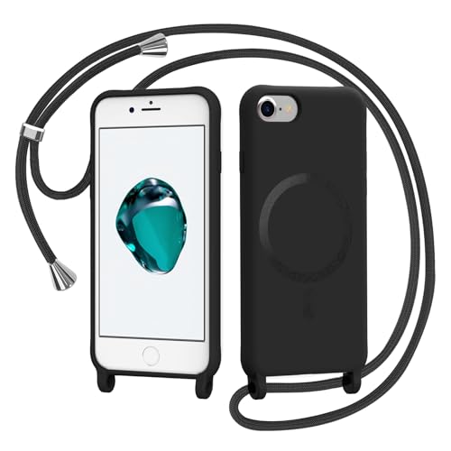 AOMYKE Handyband für iPhone SE 3/2 (2022/2020)iPhone 8/7 Hülle mit Band Magnetisch Handyhülle kompatibel mit Magsafe zum Umhängen Schutzhülle mit Kette Kordel Weich TPU Liquid Silikon CaseSchwarz