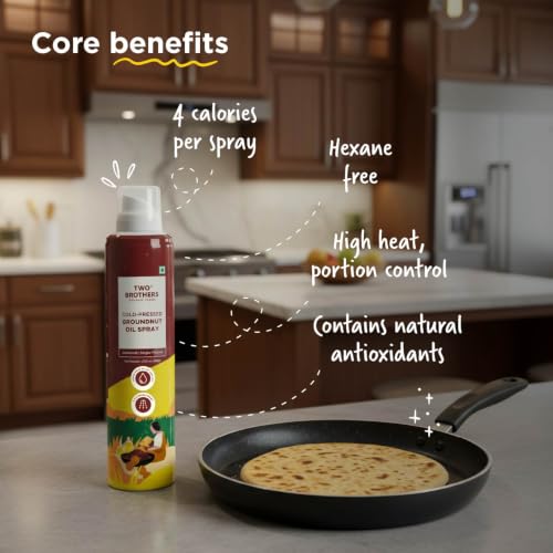 Image of TWO BROTHERS INDIA FARMS Groundnut Oil Spray, Made Using Gunghroo peanuts | 4 cal per spray | Cold-Pressed And Single-Filtered Oil For Cooking | Unrefined Oil | Lowers Cholesterol