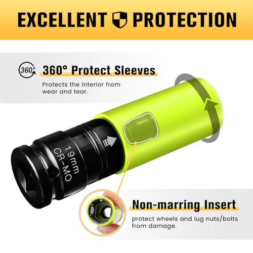 Image of BOEN 19mm 1 /2 inch Drive Wheel Protector Impact Socket, Non-Marring Lug Nut Thin Wall Deep Socket Set, Chrome-Molybdenum Steel, 6 Point, Color-Coded Protective Socket