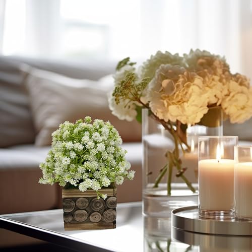 Image of Tdas Artificial Flower Plants Leaves Wooden Potted Flowers Home Decor Greenery Eucalyptus Small Faux with Pot for Indoor Shelf Desk Bathroom Bedroom Office Decoration (White)