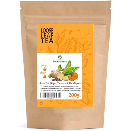Te verde con Jengibre-Cúrcuma y pimienta para infusión 200g – Ideal para Té DETOX Depurativo Diurético y Antioxidante – 100% Natural
