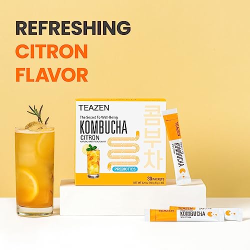 TEAZEN Citron Kombucha Tea, Hydration Drink Mix, Sugar Free, Live Probiotics & Prebiotics, 30 Sticks, 5.29oz