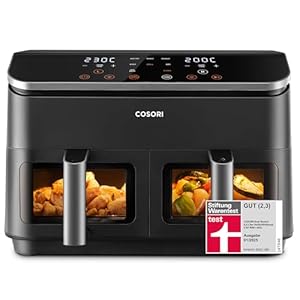 COSORI Heißluftfritteuse 2 Kammern, Testsieger der Stiftung Warentest, 6-in-1 Dual Zone Air Fryer 8,5 L, Doppelkammer mit Sichtfenster für ausgewogene Mahlzeit, Helles Silber