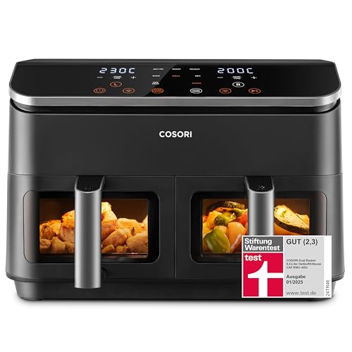 COSORI Heißluftfritteuse 2 Kammern, Testsieger der Stiftung Warentest, 6-in-1 Dual Zone Air Fryer 8,5 L, Doppelkammer mit Sichtfenster für ausgewogene Mahlzeit, Helles Silber