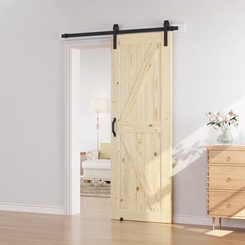 Image of SMARTSTANDARD 30in x 84in Sliding Barn Door with 5ft Barn Door Hardware Kit & Handle, Pre-Drilled Ready to Assemble, DIY Unfinished Solid Spruce Wood Panelled Slab, K-Frame, Natural